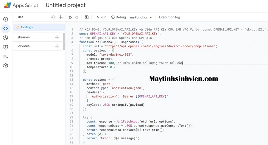 Tích hợp GPT-3.5 và GPT-4o vào Google Sheets 1 Điền Mã API của OpenAI