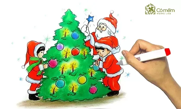 alt: Bức tranh vẽ đề tài Giáng Sinh với hình ảnh ông già Noel, cây thông, và các hộp quà