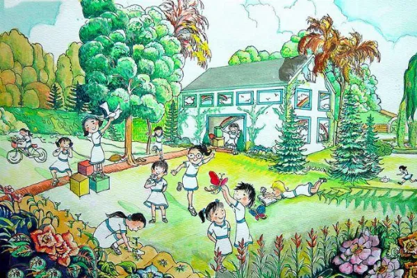 Alt: Học sinh đang vẽ tranh về hoạt động trường học