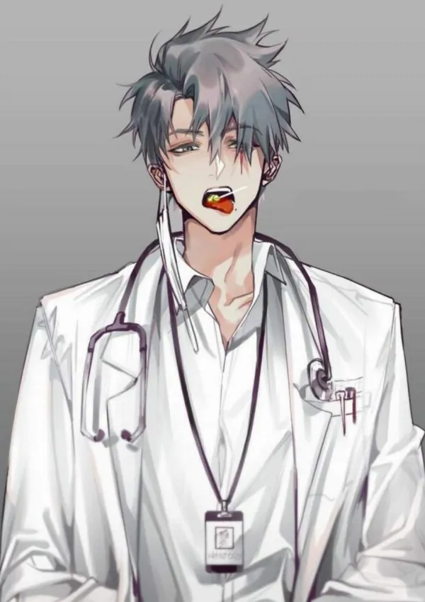 alt text: Hình anime nam bác sĩ với vẻ mặt nghiêm nghị