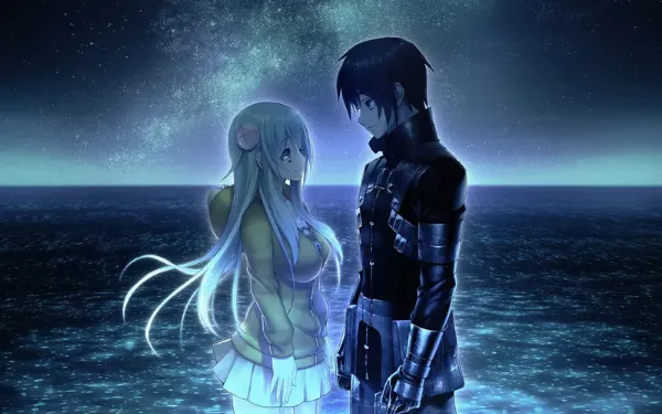 Cặp đôi anime ngắm đèn lồng thả trôi trên mặt hồ tĩnh lặng