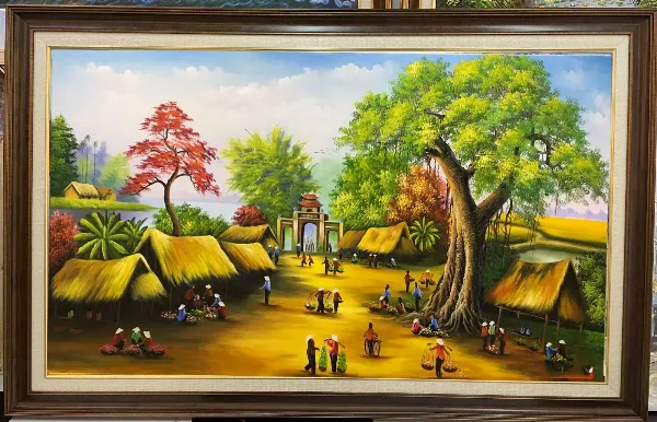 Tranh chợ quê trên giấy dó với màu sắc tươi sáng
